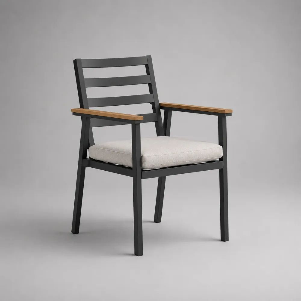 Gartenstuhl mit Armlehnen aus Aluminium und Akazienholz, inklusive Sitzkissen, Anthrazit/Naturbraun/Cremeweiß, 59 × 62 × 88 cm