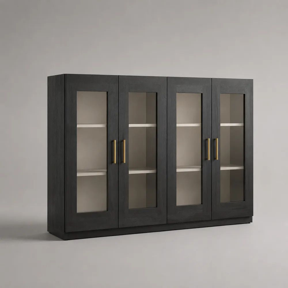 Küchenschrank aus MDF und gehärtetem Glas mit 4 Glastüren, Schwarz/Weiß/Goldfarben, 160 × 40 × 100 cm