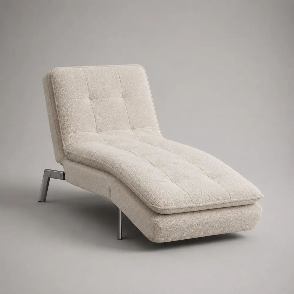 Chaiselongue Relaxliege mit verstellbarer Rückenlehne aus Polyester-Bouclé und Stahl, Cremeweiß/Silbergrau, 165 × 75 × 85 cm, Liegelänge 190 cm
