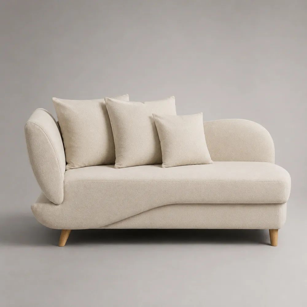 Recamiere Polsterliege mit 3 Kissen, Polyester-Bouclé und Massivholzrahmen, asymmetrisch, Cremeweiß/Naturfarben, 180 × 88 × 85 cm