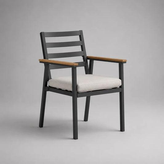 Gartenstuhl mit Armlehnen aus Aluminium und Akazienholz, inklusive Sitzkissen, Anthrazit/Naturbraun/Cremeweiß, 59 × 62 × 88 cm