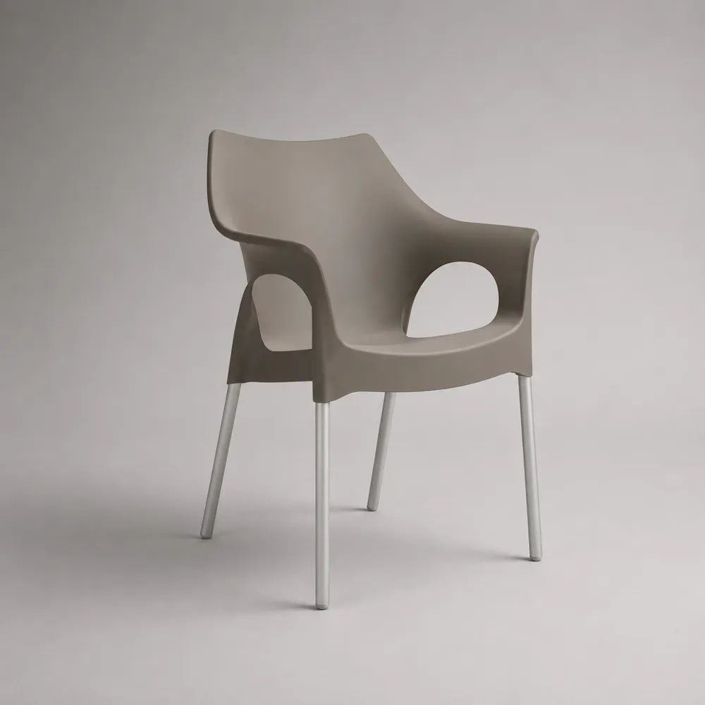 Esszimmerstuhl mit Armlehnen aus Polypropylen und Aluminium, Taupe/Silberfarben, 58 × 55 × 80 cm