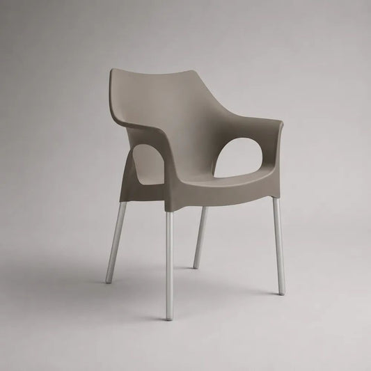 Esszimmerstuhl mit Armlehnen aus Polypropylen und Aluminium, Taupe/Silberfarben, 58 × 55 × 80 cm