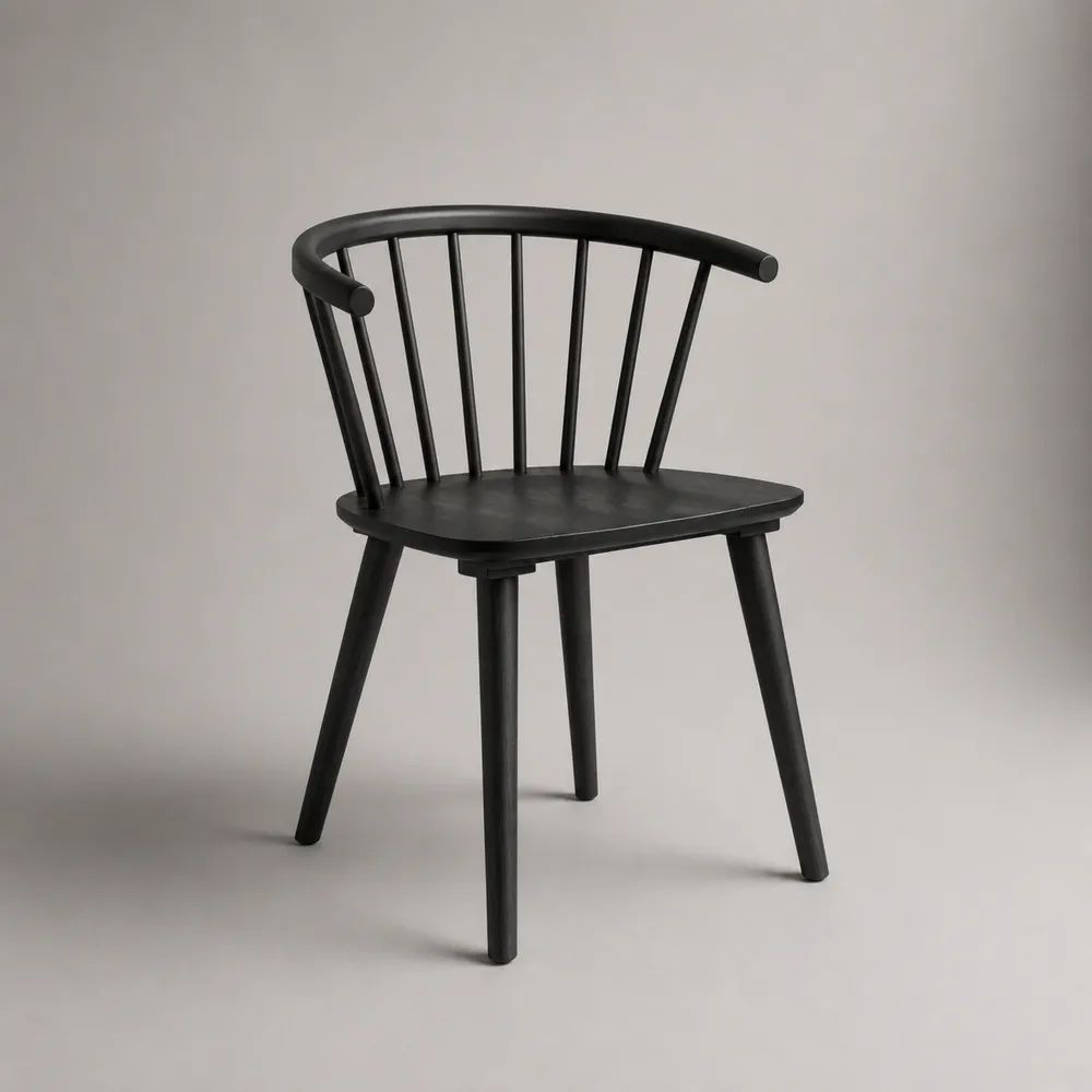Esszimmerstuhl aus massivem Gummibaumholz mit abgerundeter Rückenlehne, Schwarz, 57 × 53 × 76 cm