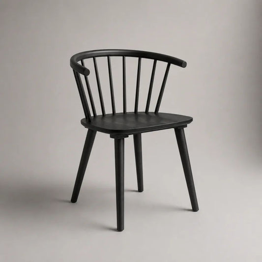 Esszimmerstuhl aus massivem Gummibaumholz mit abgerundeter Rückenlehne, Schwarz, 57 × 53 × 76 cm
