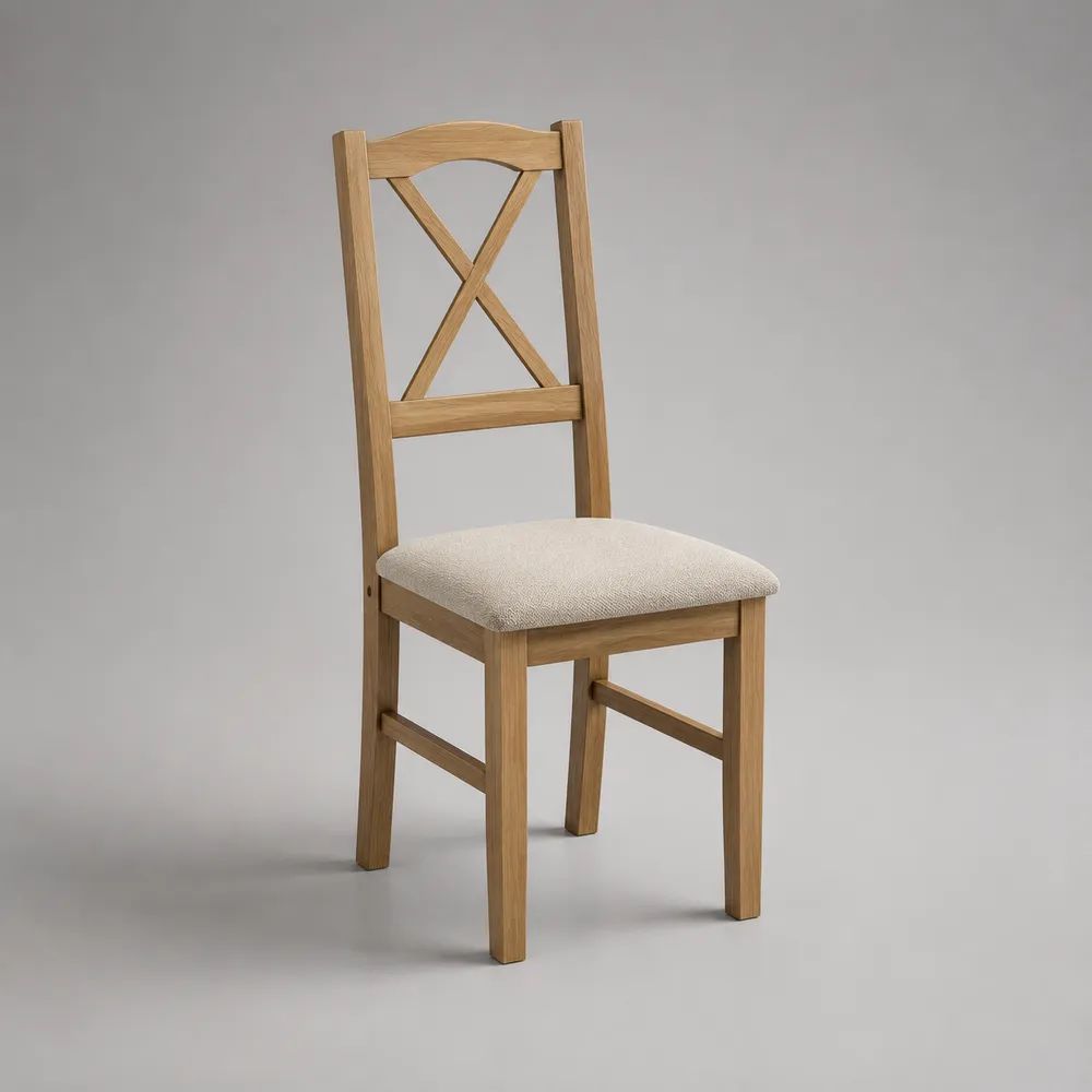 Esszimmerstuhl aus massivem Eichenholz mit Stoffbezug und X-Rückenlehne, Natur/Beige, 43 × 50 × 94 cm