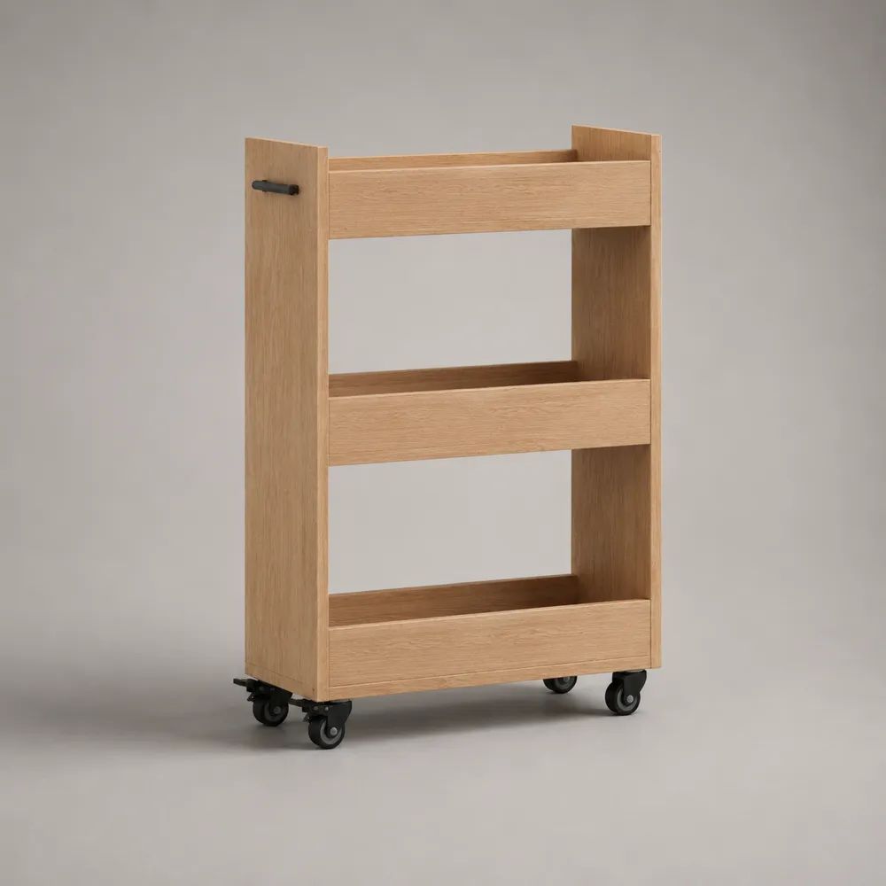 Schmaler Küchenwagen aus Bambus mit 3 Ablagekörben und Rollen, Natur/Schwarz, 50 x 15 x 80 cm