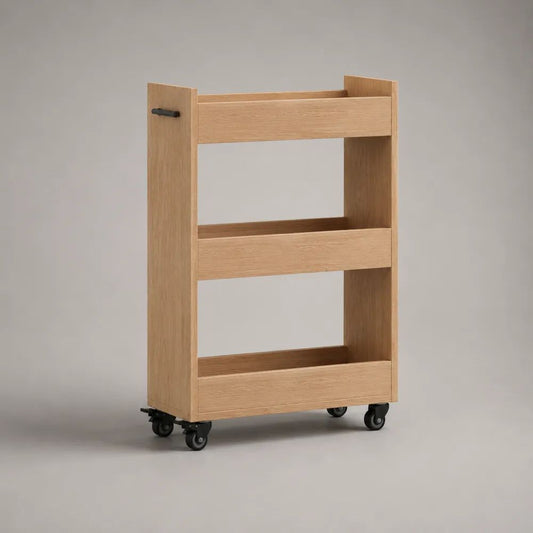 Schmaler Küchenwagen aus Bambus mit 3 Ablagekörben und Rollen, Natur/Schwarz, 50 x 15 x 80 cm