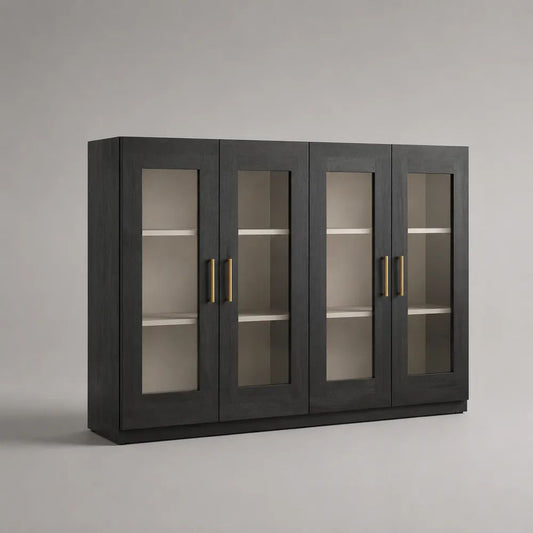 Küchenschrank aus MDF und gehärtetem Glas mit 4 Glastüren, Schwarz/Weiß/Goldfarben, 160 × 40 × 100 cm
