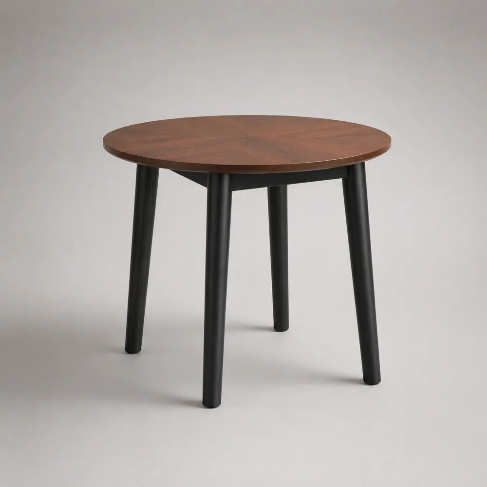 Runder Esstisch aus MDF mit Walnussfurnier und Massivholzbeinen, Walnussbraun/Schwarz, Ø 90 × H 75 cm