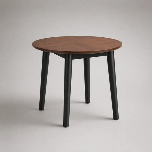 Runder Esstisch aus MDF mit Walnussfurnier und Massivholzbeinen, Walnussbraun/Schwarz, Ø 90 × H 75 cm