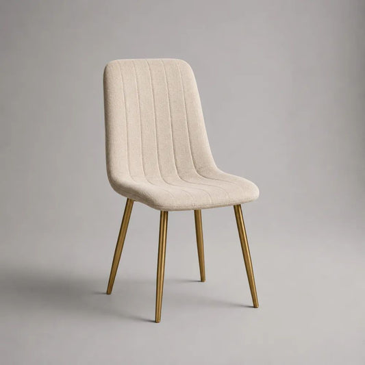 Gepolsterter Esszimmerstuhl aus Stoff und Metall mit abgerundeter Rückenlehne, Creme/Gold, 48 × 56 × 84 cm
