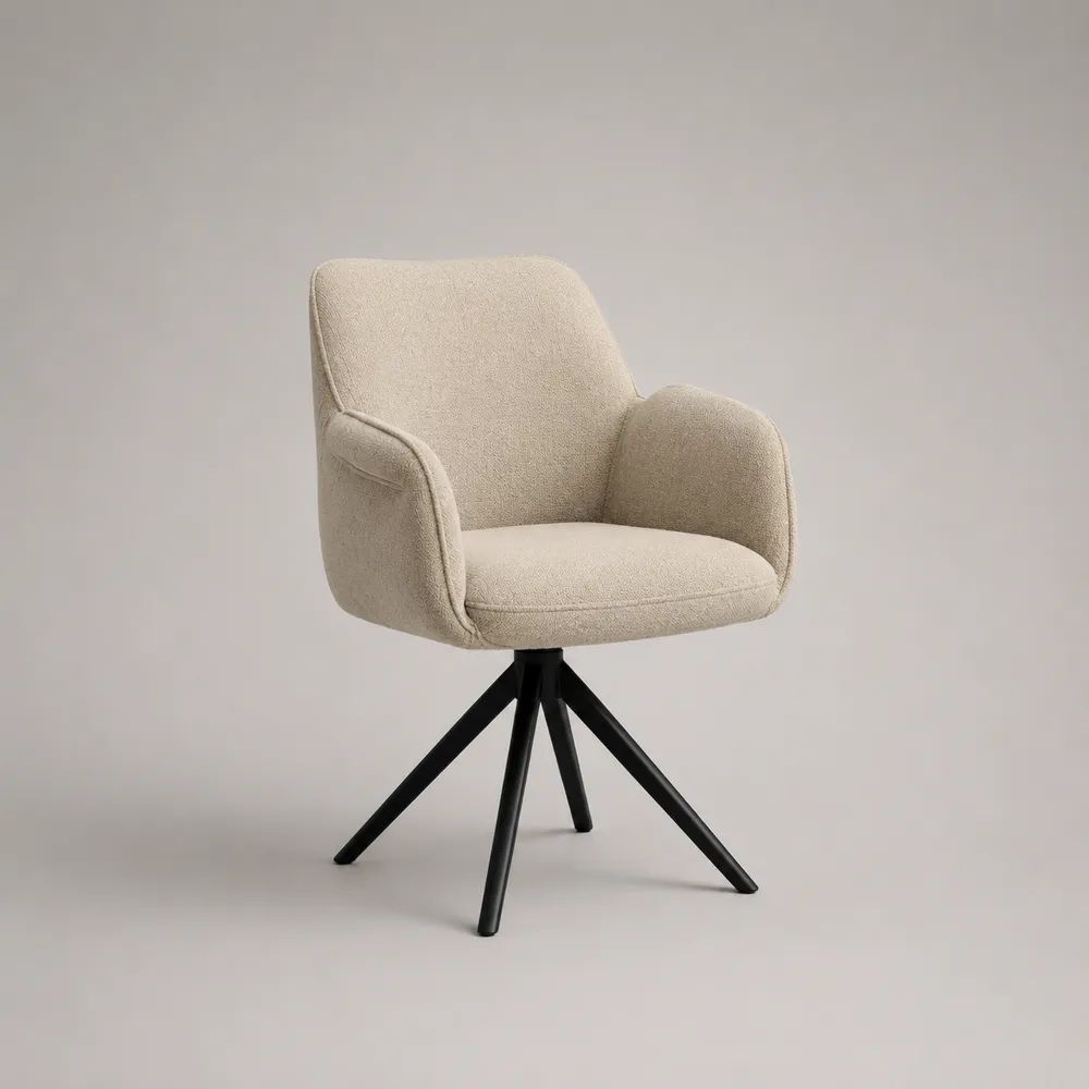 Drehbarer Esszimmerstuhl mit Armlehnen, Bouclé-Polyester, Stahlgestell, Beige/Schwarz, 60 × 62 × 84 cm