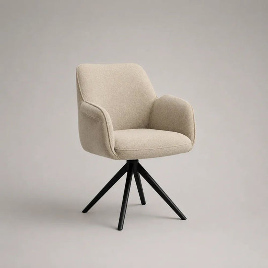 Drehbarer Esszimmerstuhl mit Armlehnen, Bouclé-Polyester, Stahlgestell, Beige/Schwarz, 60 × 62 × 84 cm