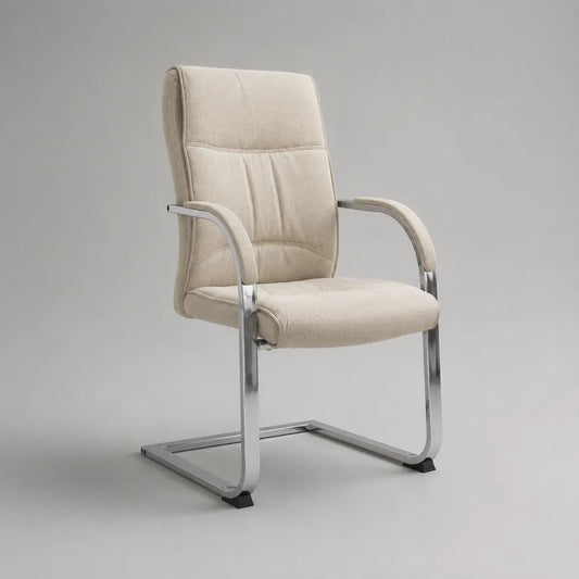 Esszimmerstuhl Freischwinger mit Armlehnen, Stoffbezug und Stahlgestell, Beige/Silber, 58 × 62 × 98 cm