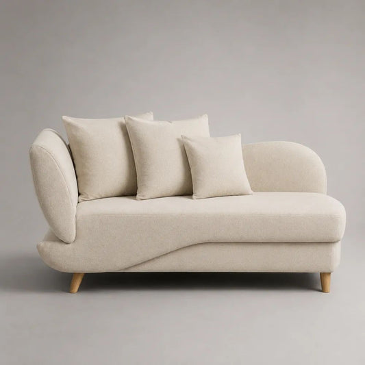 Recamiere Polsterliege mit 3 Kissen, Polyester-Bouclé und Massivholzrahmen, asymmetrisch, Cremeweiß/Naturfarben, 180 × 88 × 85 cm
